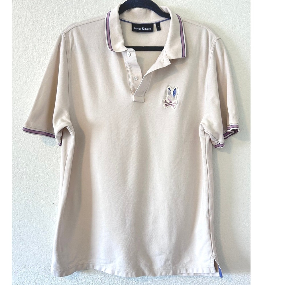 Psycho Bunny Mens Pima Cotton Polo Shirt Beige Purple Tipping Size 7 XXL